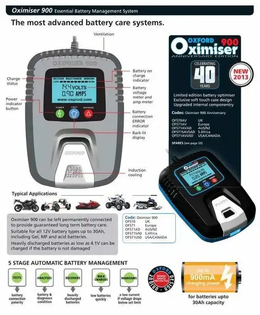 Oxford Oximiser 888 Batterilader Vedlikeholder MC og ATV-batterier 